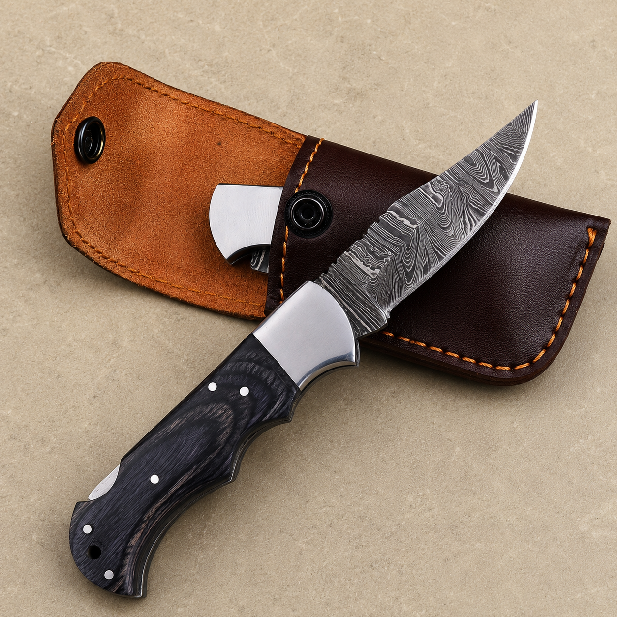 Artisan Folding Damascus Steel Pocket Knife – Black Pukka Wood Handle | Steel Bolster | Classic Back Lock