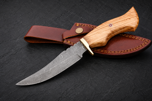Timber Crown Damascus Steel Utility Knife – 512 Layer Hand Forged Fixed Blade with Wood Handle, Brass Guard & Leather Sheath