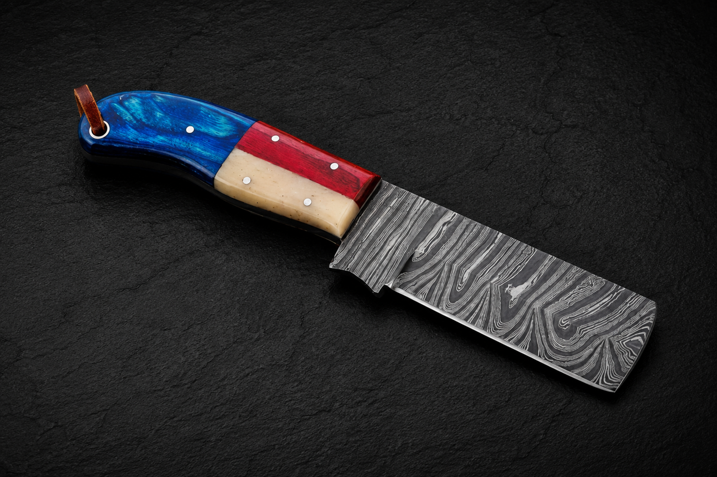 Heritage Trail Damascus Steel Utility Knife – 512 Layer Hand Forged Fixed Blade with Wood & Buffalo Bone Handle, Leather Sheath