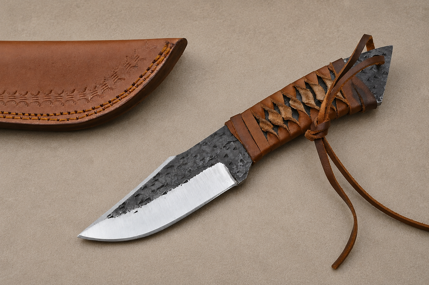 Hand Forged Railroad Spike Carbon Steel Utility Knife with Leather Handle