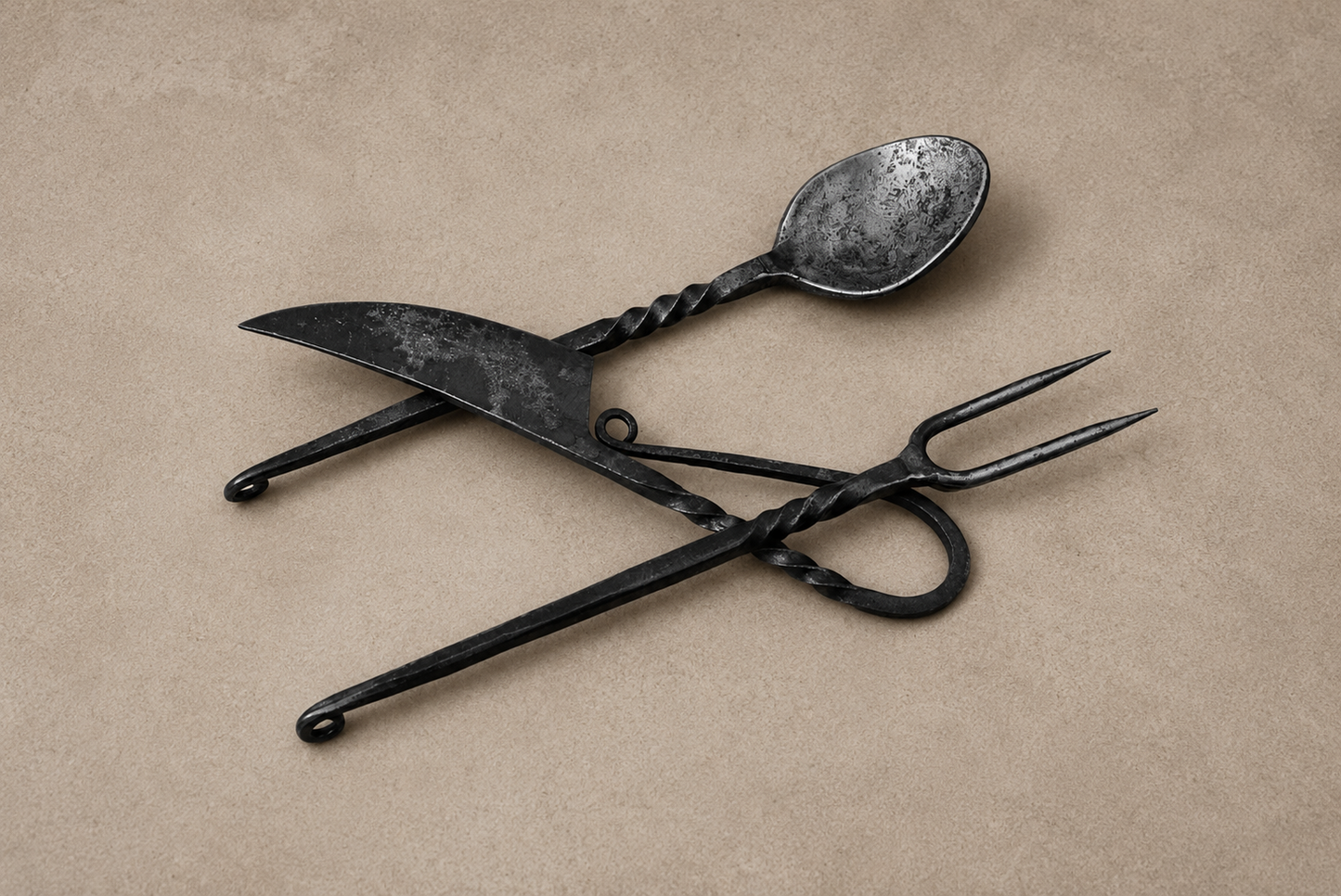 Hand Forged Medieval Damascus Utensil Set – Handmade Feasting Spoon Fork & Utility Set with Leather Pouch