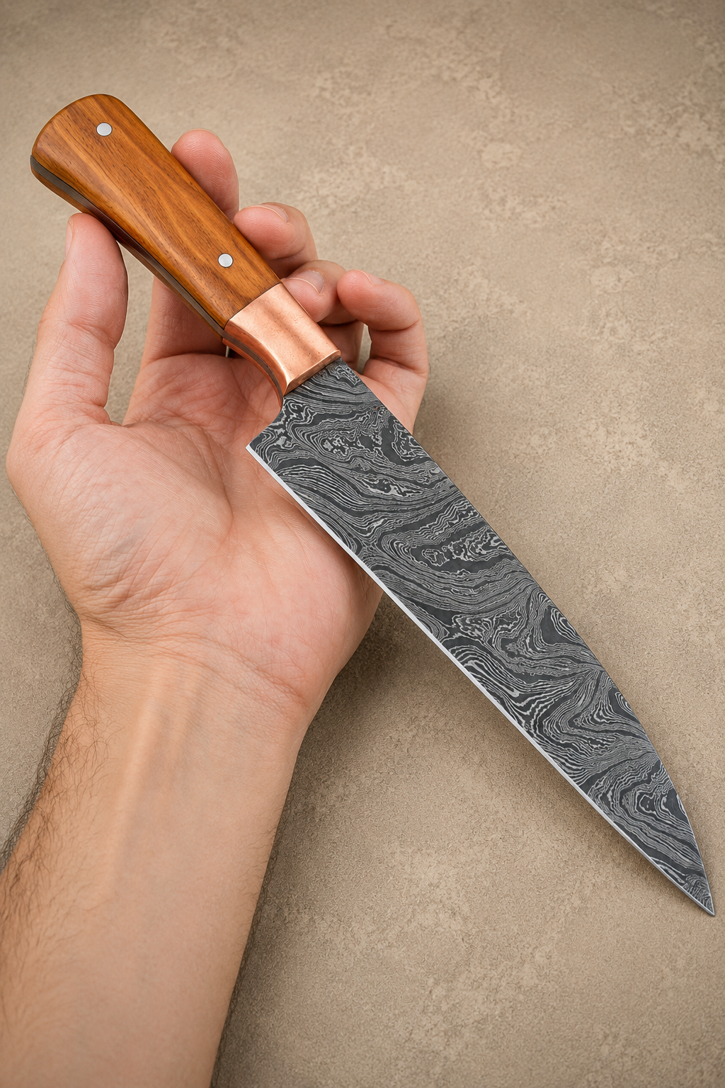 Olive Grove Damascus Chef Knife – 512 Layer Hand Forged Kitchen Knife with Olive Wood Handle & Copper Guard