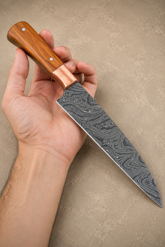 Olive Grove Damascus Chef Knife – 512 Layer Hand Forged Kitchen Knife with Olive Wood Handle & Copper Guard