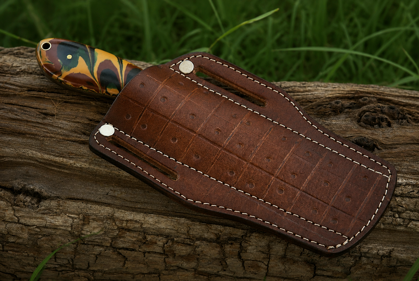 Hand Forged Railroad Steel Fixed Blade Utility Tool with Risen Handle – Engraved Leather Sheath Included