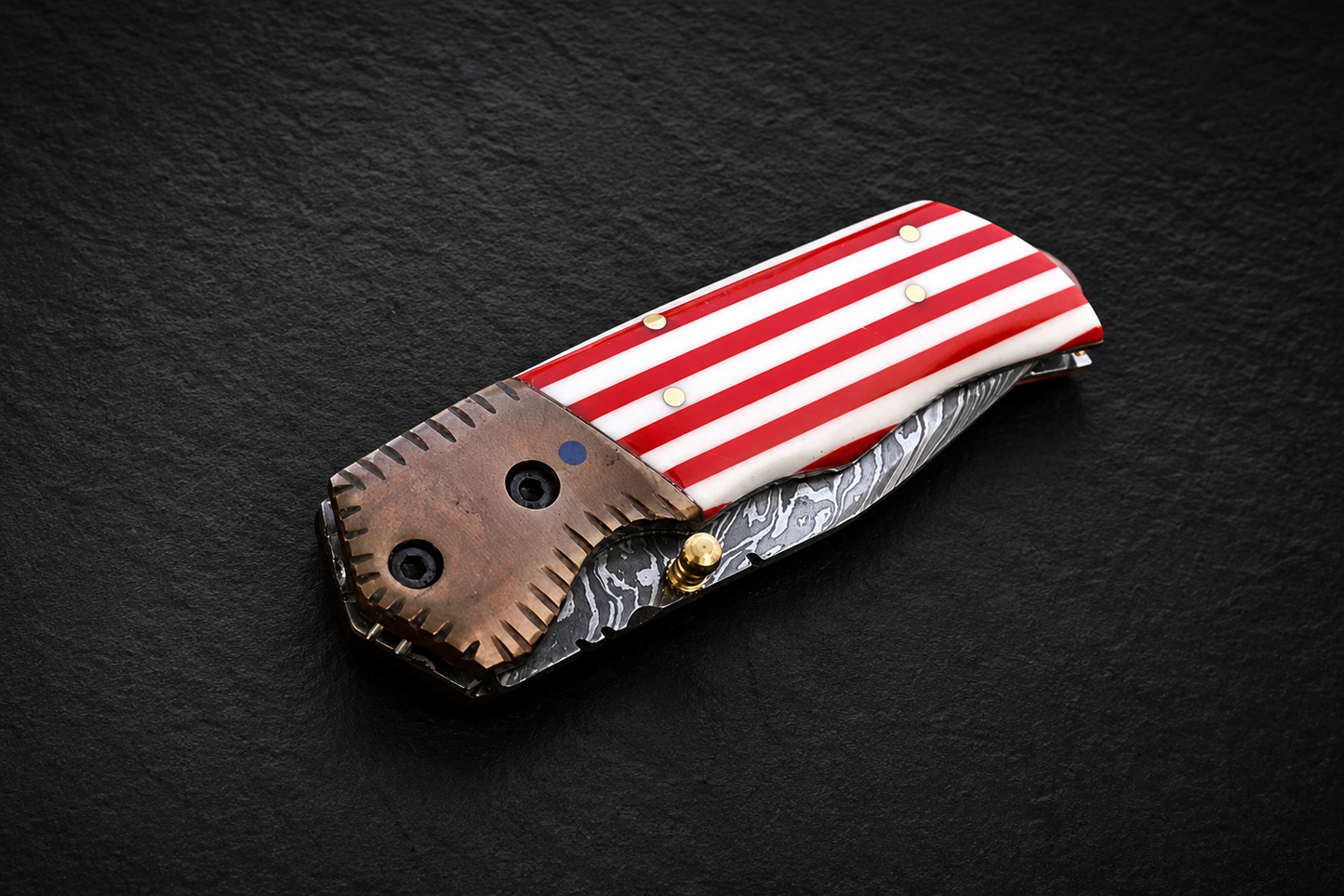 Copper Crest Damascus Steel Folding Knife – 512 Layer Hand Forged Design with Resin Handle, Copper Bolster & Leather Sheath