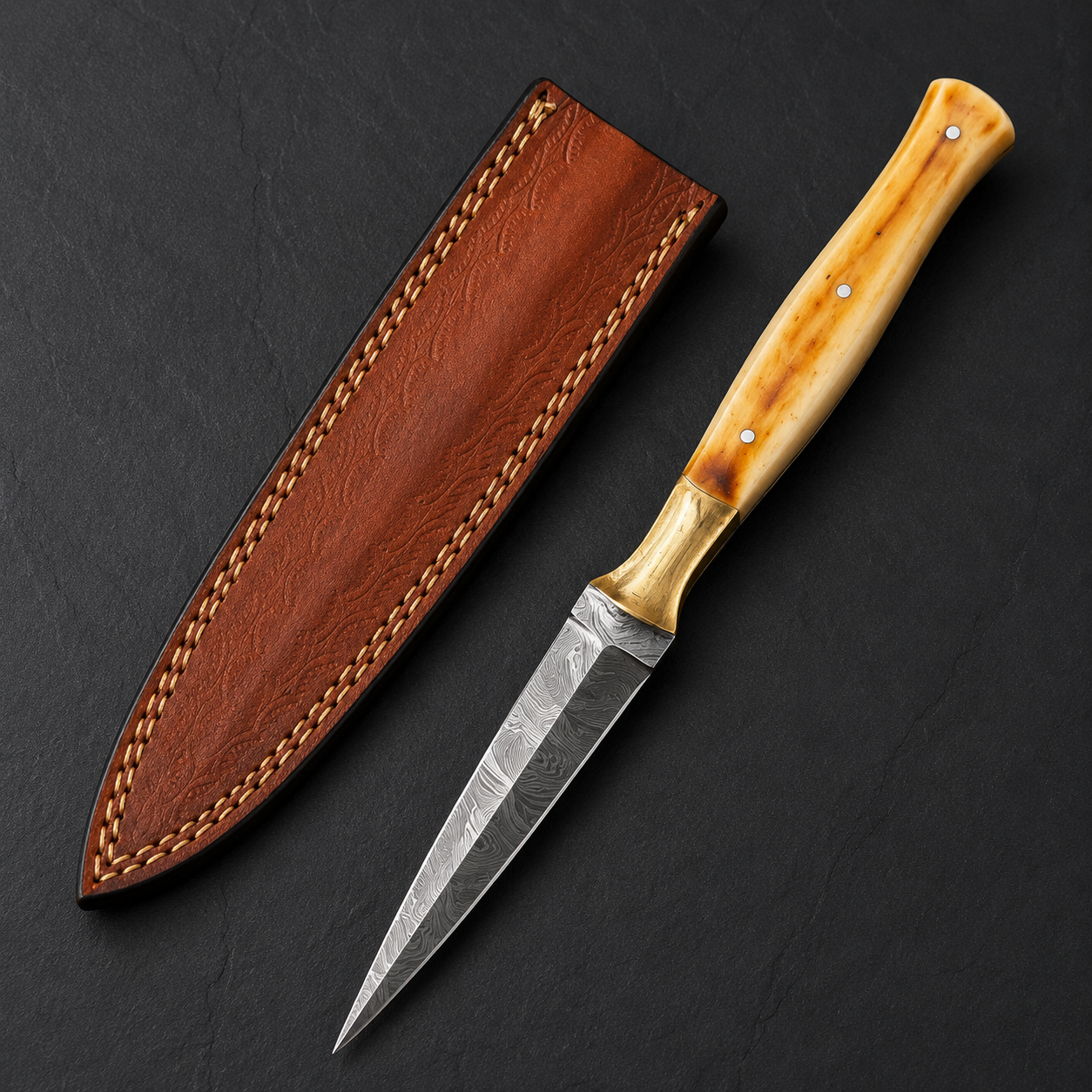 Legacy Damascus Steel Knife – 512 Layer Hand Forged Blade with Camel Bone, Brass Bolster & Leather Sheath