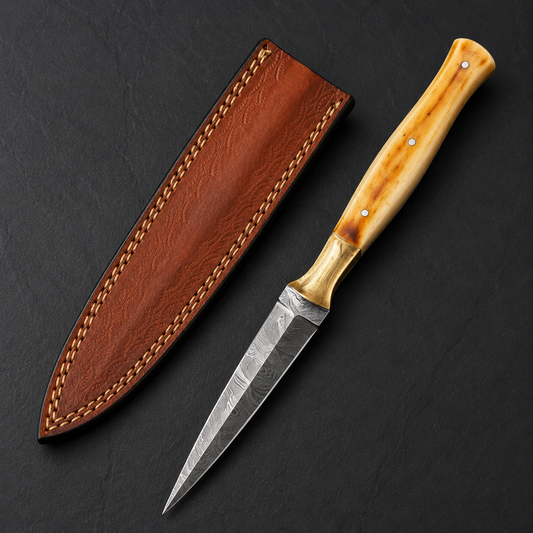 Legacy Damascus Steel Knife – 512 Layer Hand Forged Blade with Camel Bone, Brass Bolster & Leather Sheath
