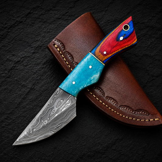 Heritage Blend Damascus Steel Utility Knife – 512 Layer Hand Forged Fixed Blade with Camel Bone & Wood Handle, Leather Sheath