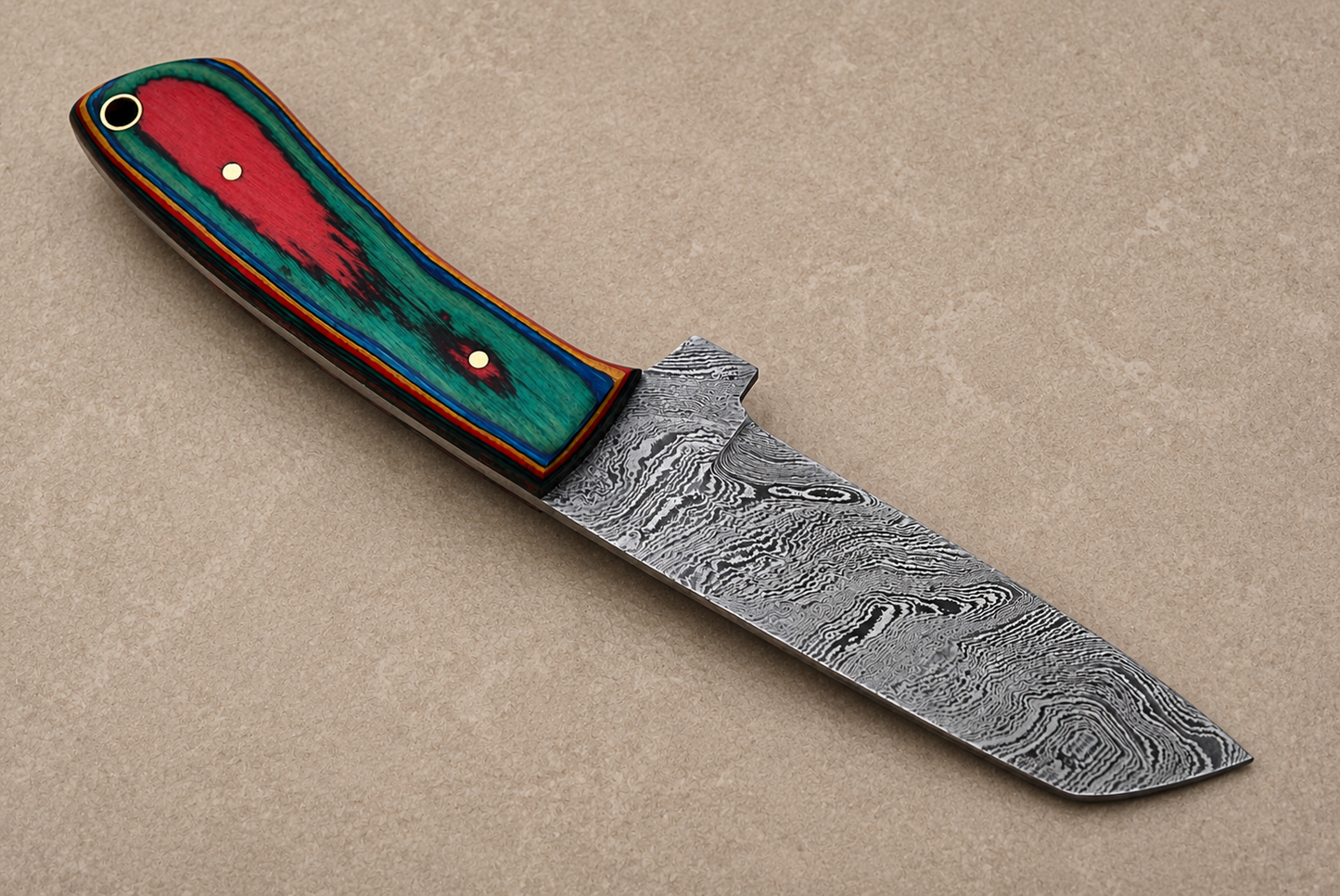 Hand Forged Damascus Steel Fixed Blade Tool with Wood Handle – Compact Utility Tool with Leather Sheath