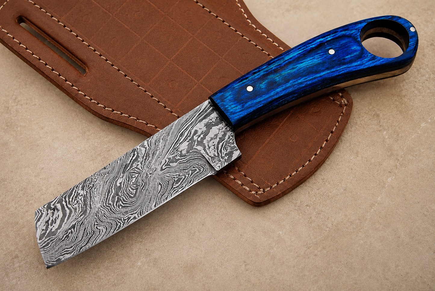 Prairie Forge Damascus Steel Utility Knife – Hand Forged Fixed Blade with Stained Wood Handle & Leather Sheath