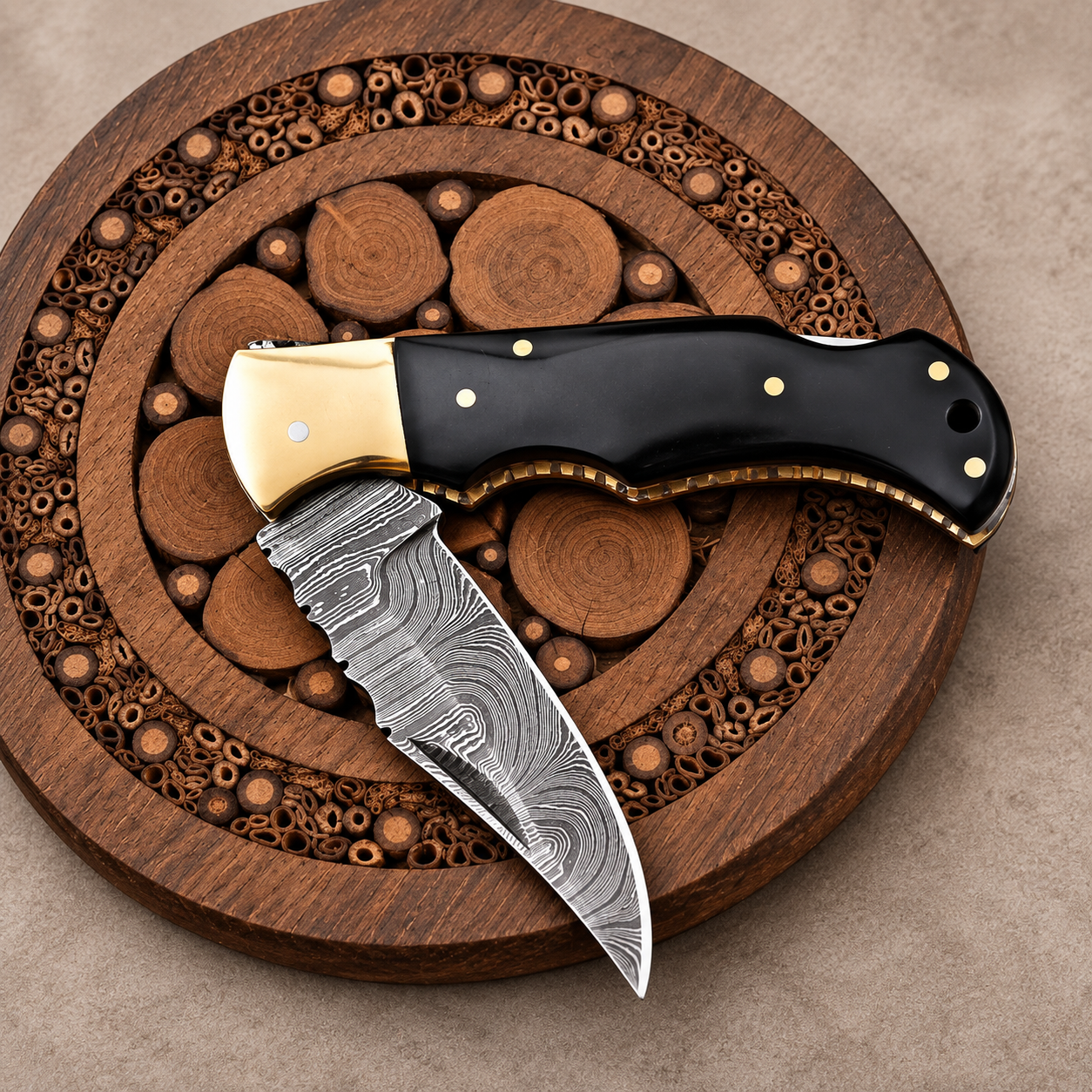 Hand Forged Damascus Steel Folding Pocket Knife with Bull Horn Handle