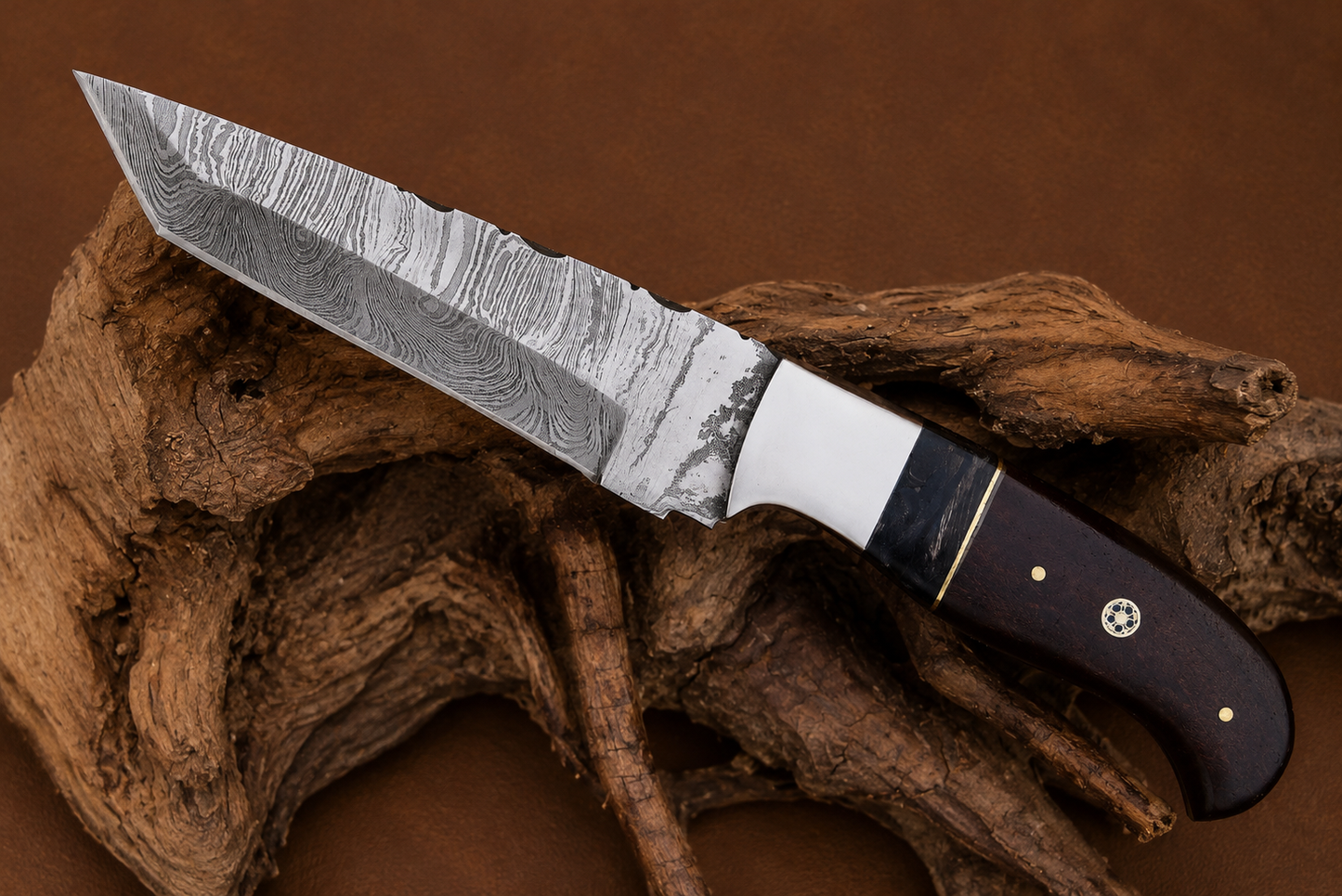 Signature Damascus Steel Tanto Knife – 512 Layer Hand Forged Blade with Wood Handle & Leather Sheath