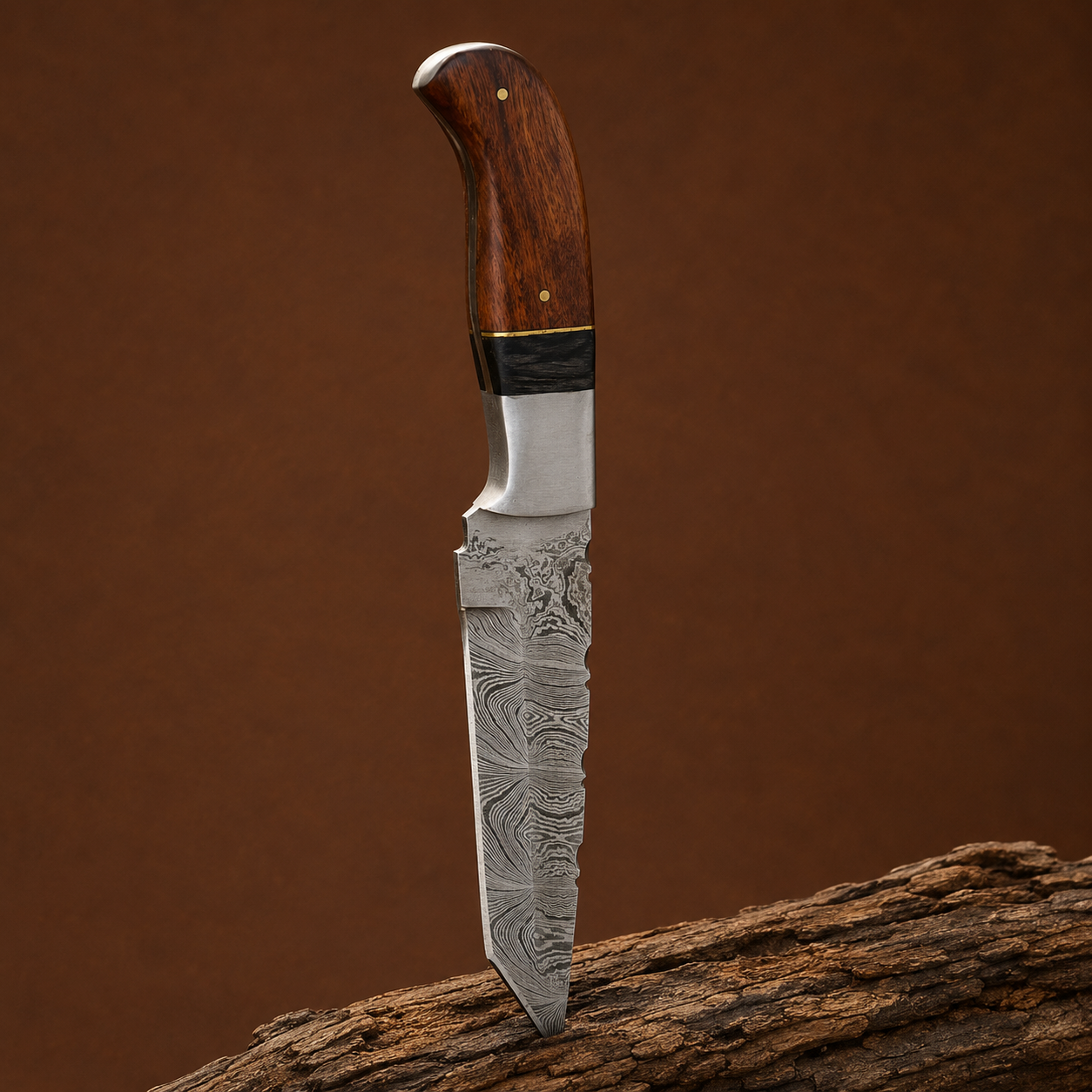 Signature Damascus Steel Tanto Knife – 512 Layer Hand Forged Blade with Wood Handle & Leather Sheath
