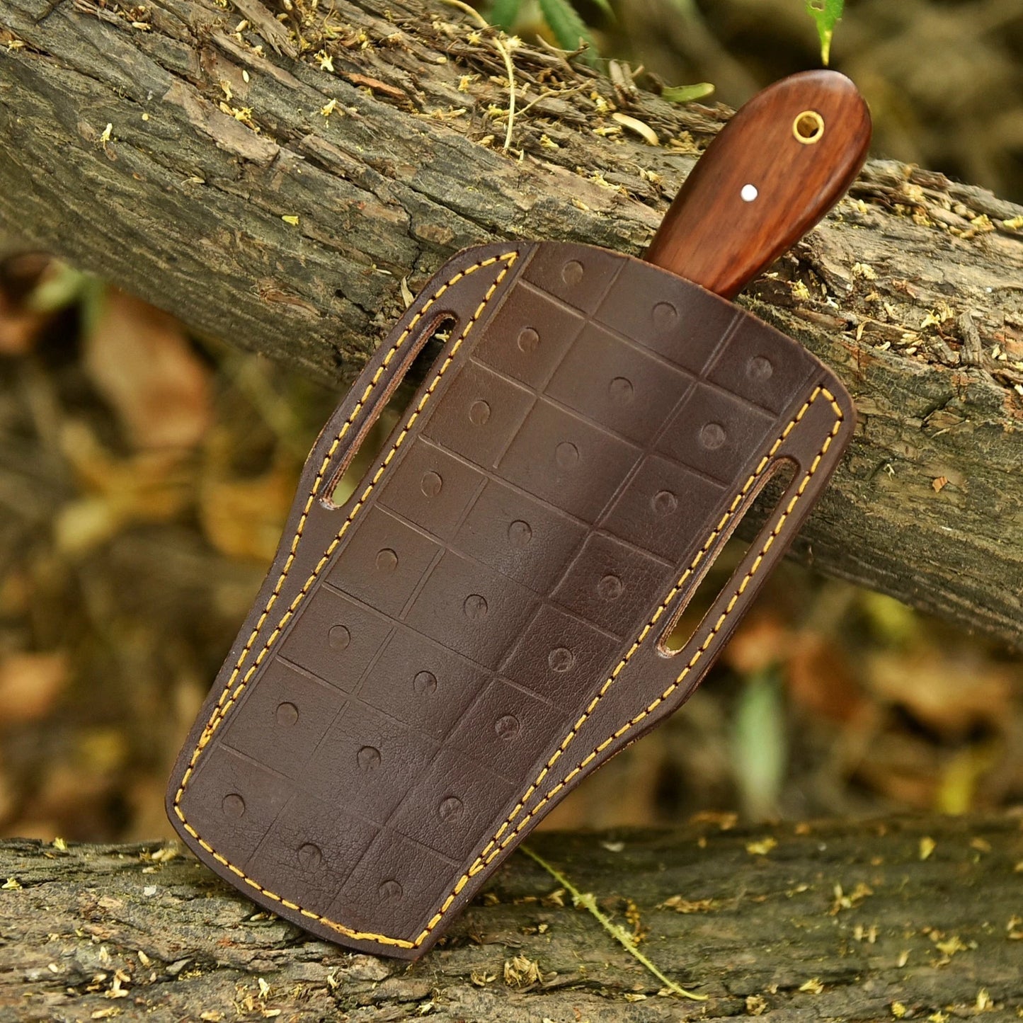 Hand Forged Railroad Steel Fixed Blade Knife with Wood Handle & Engraved Leather Sheath