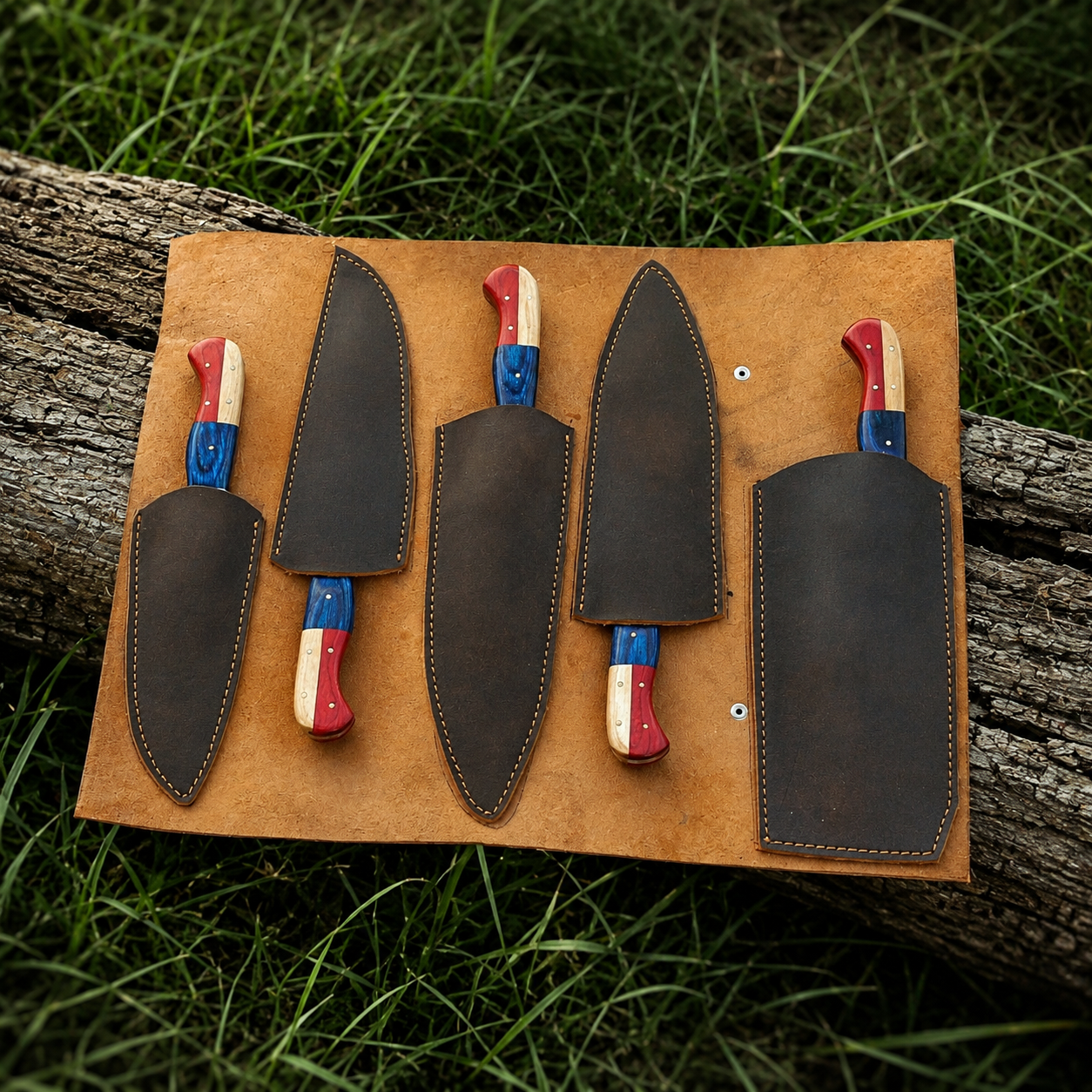 Hand Forged Damascus Steel Chef Knife Set – 5 Kitchen Knives with Wood Handles & Leather Sheath
