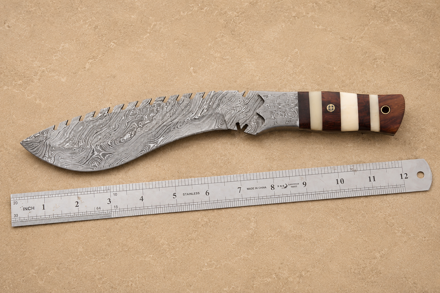 Heritage Curve Damascus Steel Utility Knife – 12" Hand Forged 512 Layer Blade with Camel Bone & Wood Handle, Leather Sheath