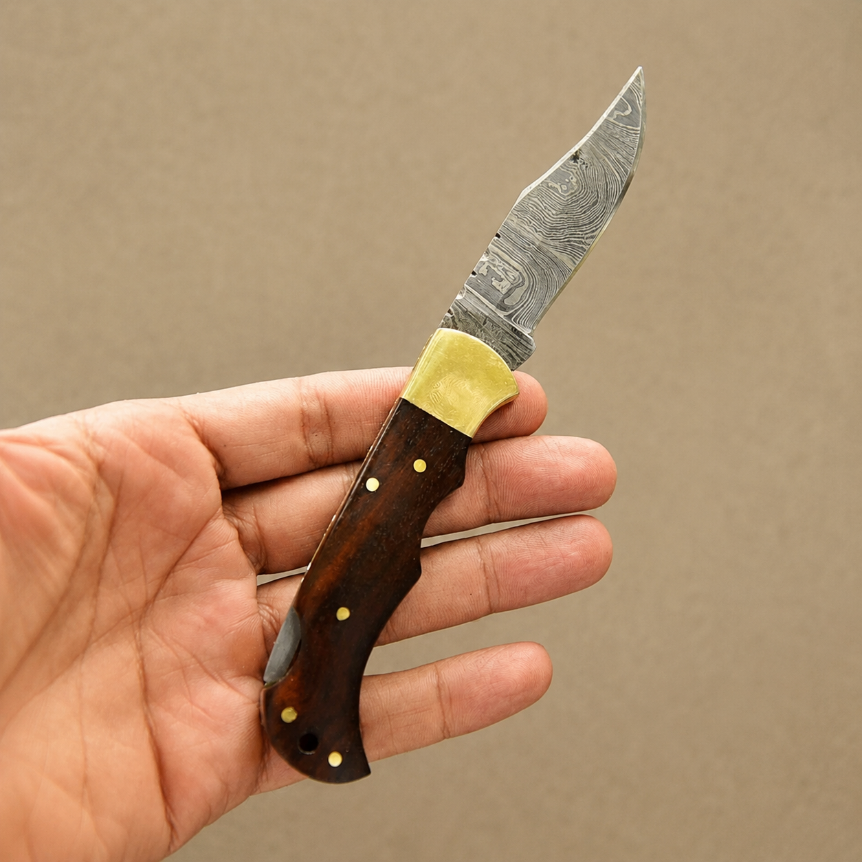 Hand Forged Damascus Steel Folding Pocket Knife with Espresso Wood Handle & Leather Sheath