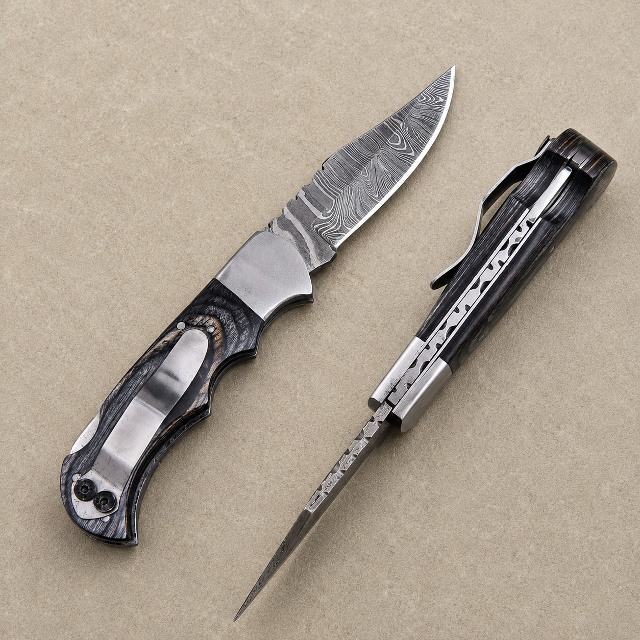 Personalized Damascus Folding Knife – Charcoal Black Pakka Wood Handle, Steel Bolster, Back Lock & Leather Sheath | Custom Engraved Gift