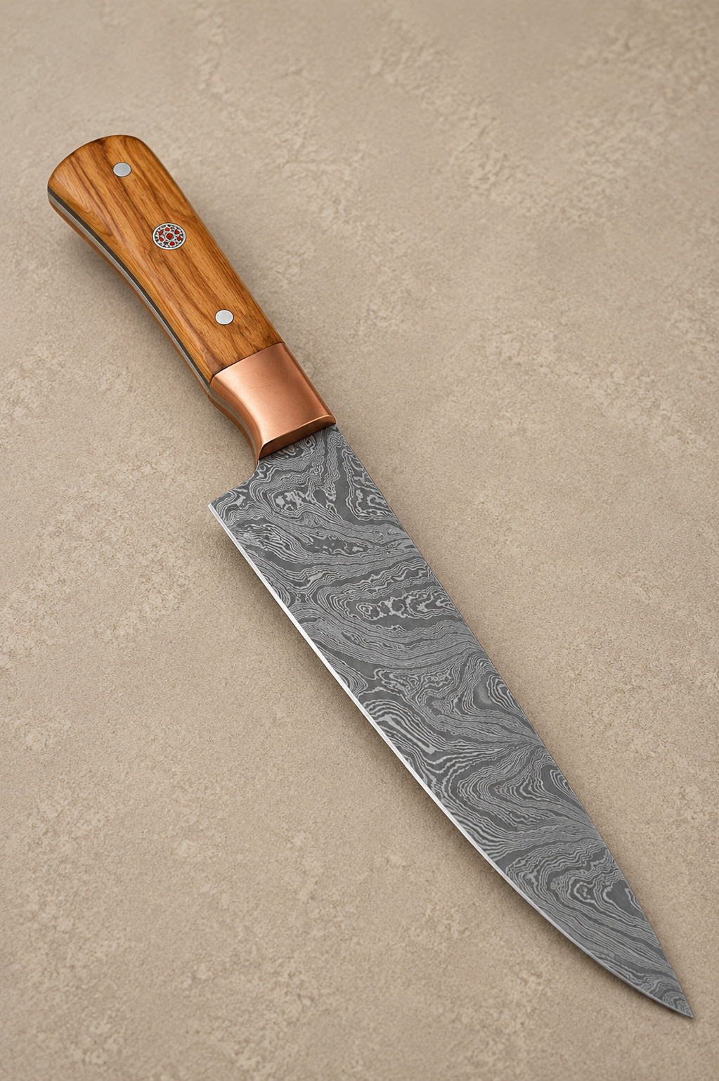 Olive Grove Damascus Chef Knife – 512 Layer Hand Forged Kitchen Knife with Olive Wood Handle & Copper Guard