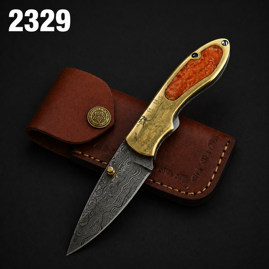 Custom Handmade Damascus Steel Folding Pocket Knife with Brass Handle – 512 Layers EDC Knife with Leather Sheath