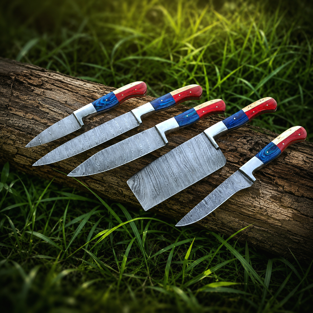 Hand Forged Damascus Steel Chef Knife Set – 5 Kitchen Knives with Wood Handles & Leather Sheath