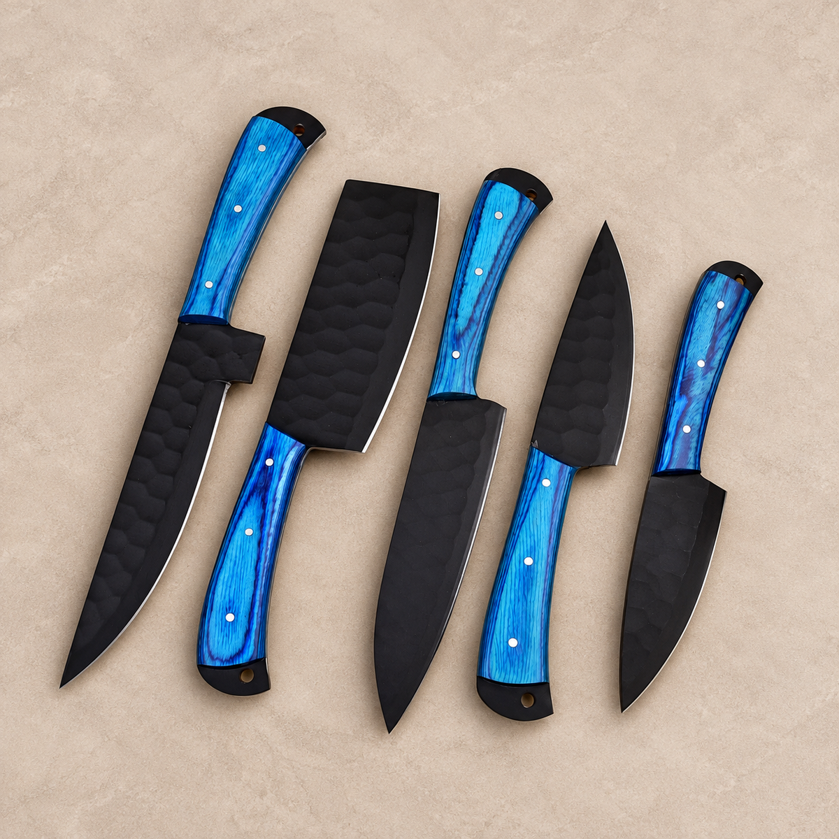 Hand Forged High Carbon Steel Chef Knife Set – 5-Piece Kitchen Set with Wood Handles & Leather Sheath