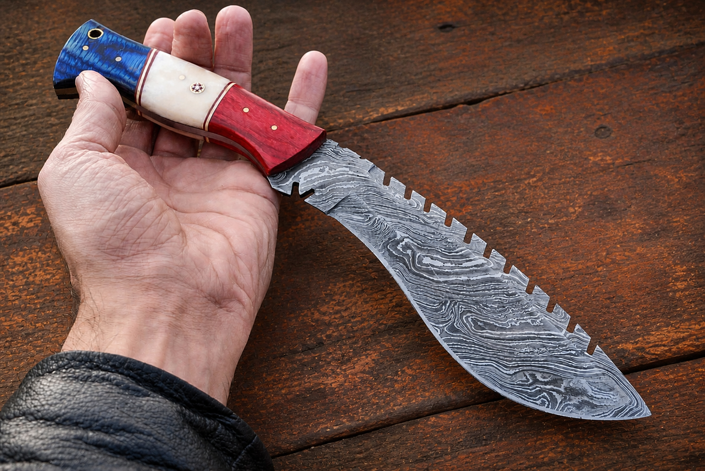 Hand Forged Damascus Steel Kukri Knife – 12” Curved Blade with Buffalo Bone Handle & Leather Sheath (512 Layers)