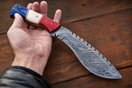 Hand Forged Damascus Steel Kukri Knife – 12” Curved Blade with Buffalo Bone Handle & Leather Sheath (512 Layers)