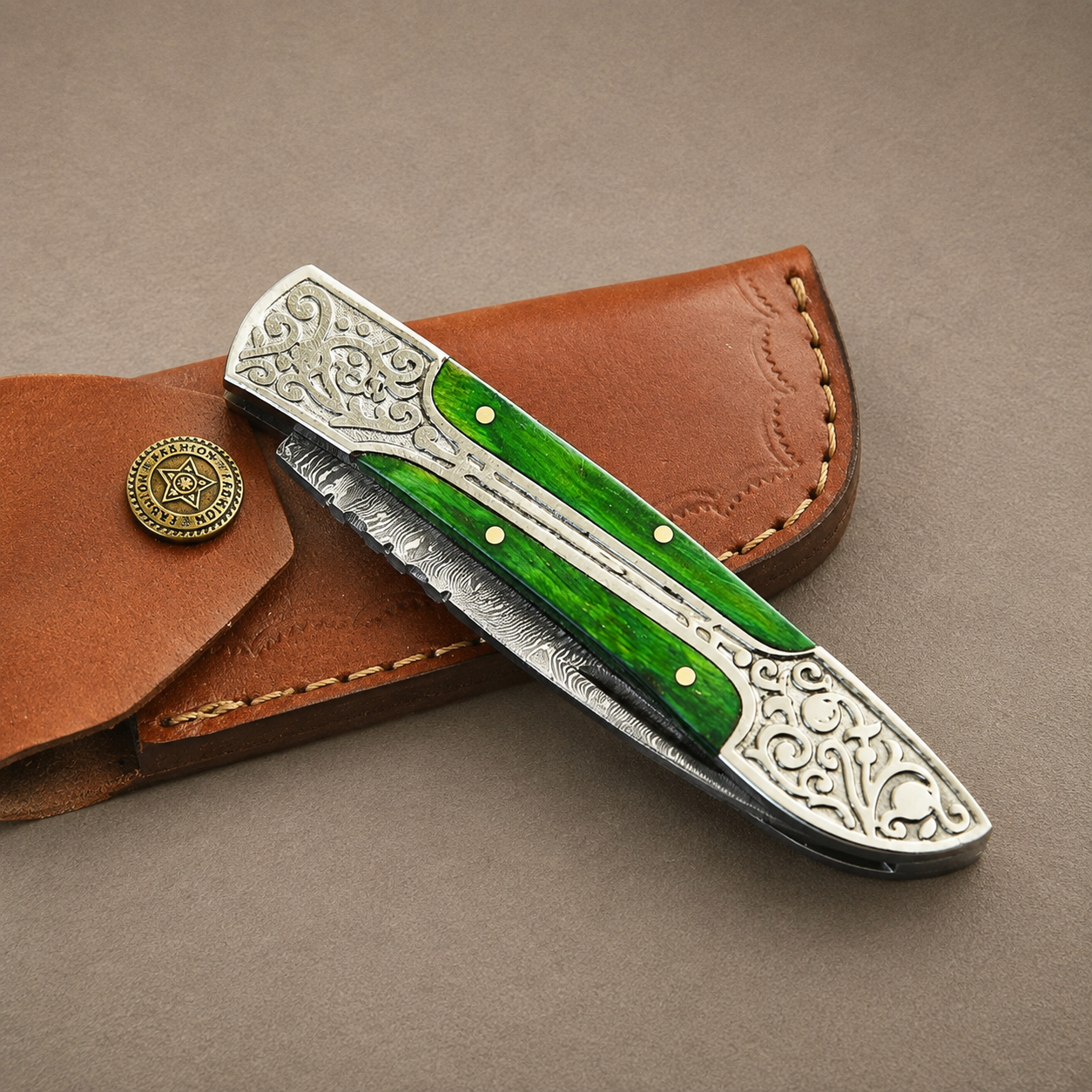 Hand Forged Damascus Steel Folding Pocket Knife with Wood Handle & Leather Sheath