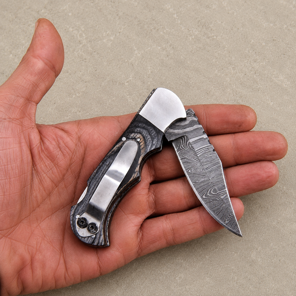 Personalized Damascus Folding Knife – Charcoal Black Pakka Wood Handle, Steel Bolster, Back Lock & Leather Sheath | Custom Engraved Gift
