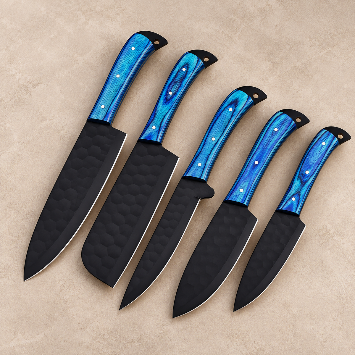 Hand Forged High Carbon Steel Chef Knife Set – 5-Piece Kitchen Set with Wood Handles & Leather Sheath