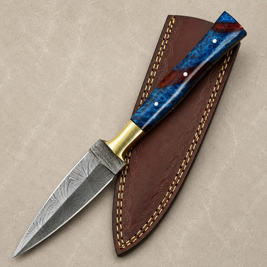 Brass Ridge Damascus Steel Knife – 512 Layer Hand Forged Blade with Resin Handle & Leather Sheath