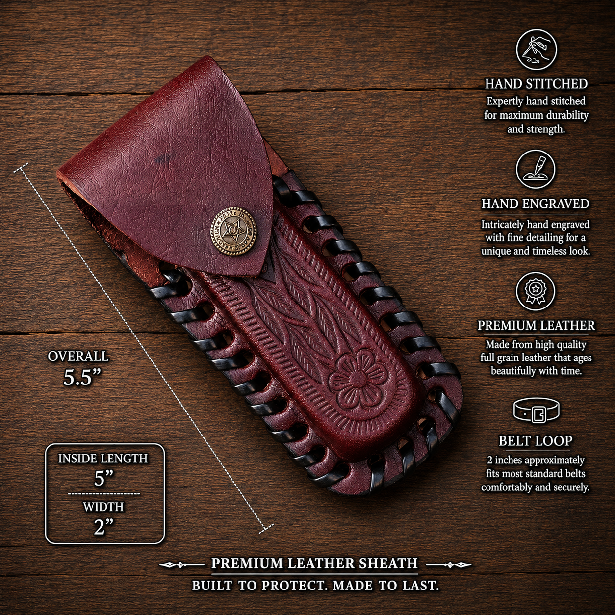 Handmade Leather Folding Utility Knife Sheath – Hand Engraved Universal EDC Belt Holder 5.5 Inch