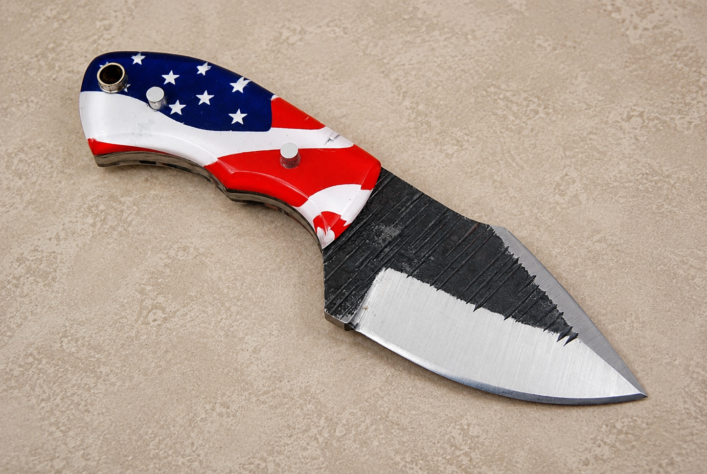 Patriot Forge Railroad Steel Utility Knife – Hand Forged Fixed Blade with American Flag Handle & Leather Sheath