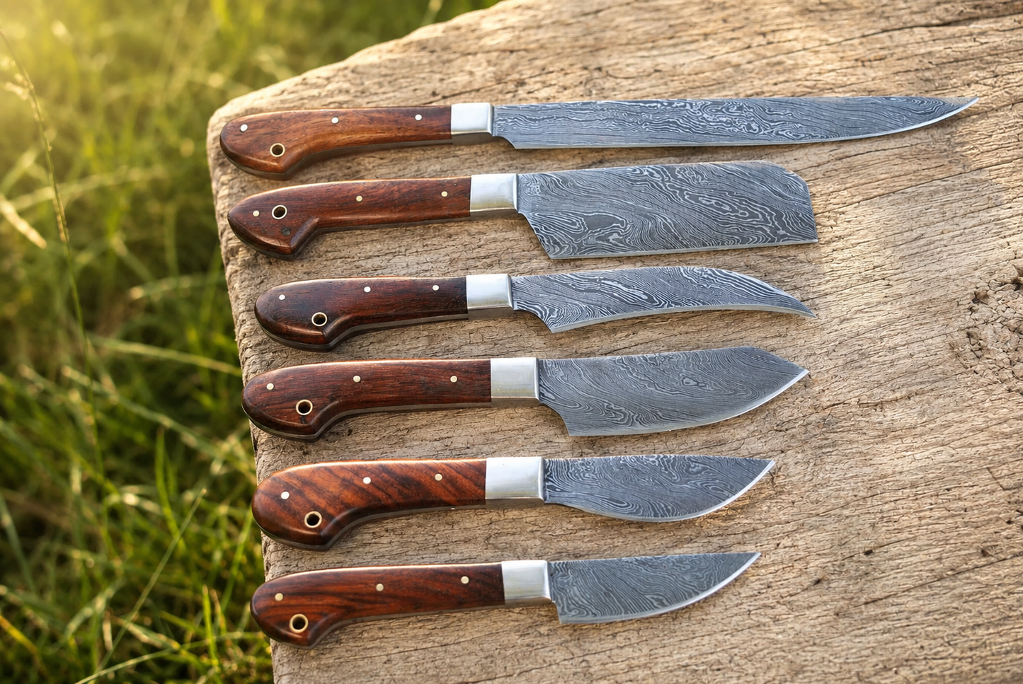 6-Piece Handmade Damascus Steel Kitchen Knife Set – Premium Chef Knives with Leather Sheath