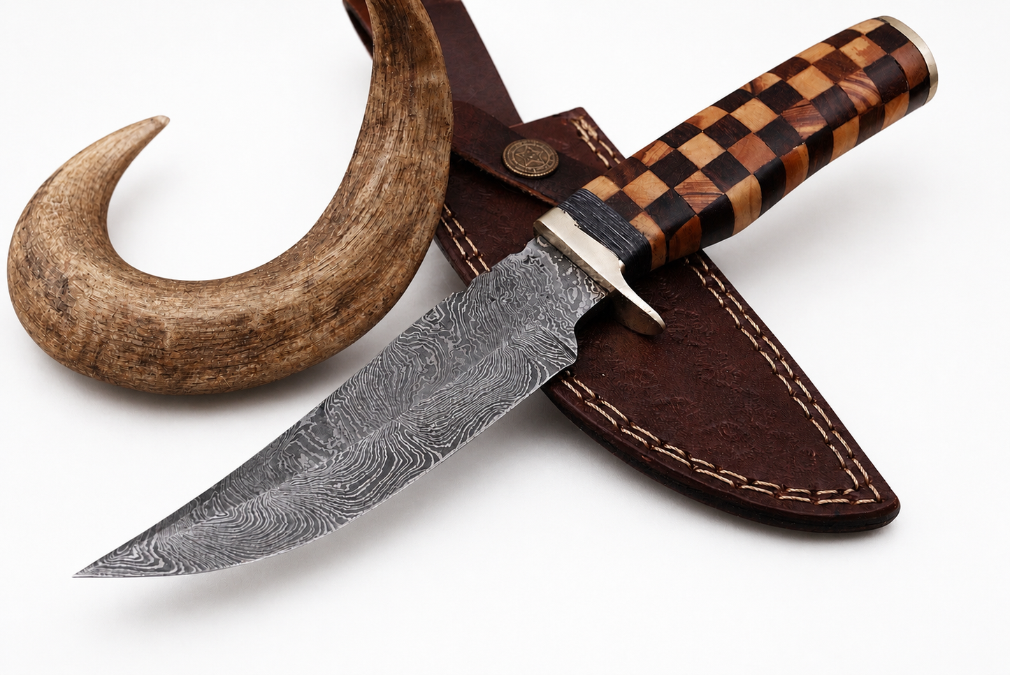 Hand Forged Damascus Steel Fixed Blade Knife – 9” Wood Handle with Brass Bolster (Full Tang)