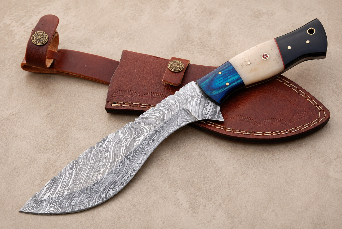 Mountain Forge Damascus Kukri Knife – 512 Layer Hand Forged Blade with Bull Horn & Bone Handle & Leather Sheath