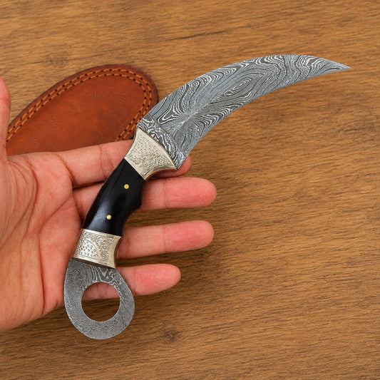 Handmade Damascus Steel Curved Fixed Blade Knife – Natural Horn Handle & Engraved Brass Bolster | Leather Sheath Included
