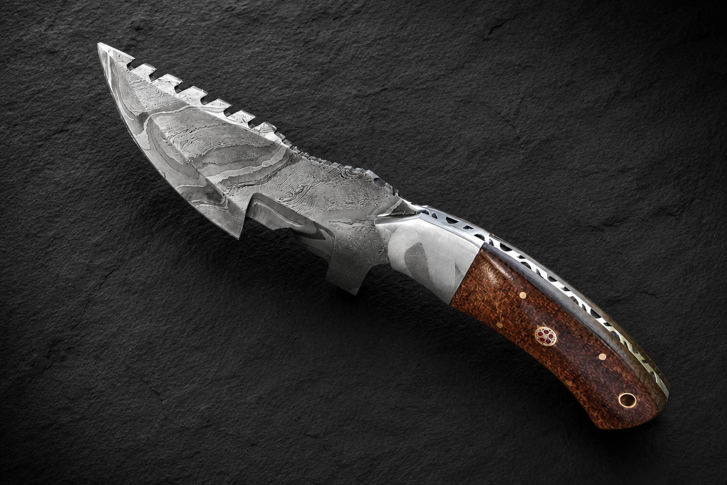 Summit Track Damascus Steel Utility Knife – 512 Layer Hand Forged Fixed Blade with Micarta Handle & Leather Sheath