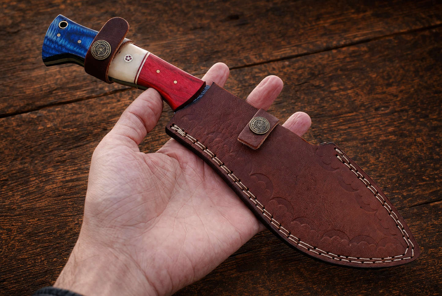 Hand Forged Damascus Steel Kukri Knife – 12” Curved Blade with Buffalo Bone Handle & Leather Sheath (512 Layers)