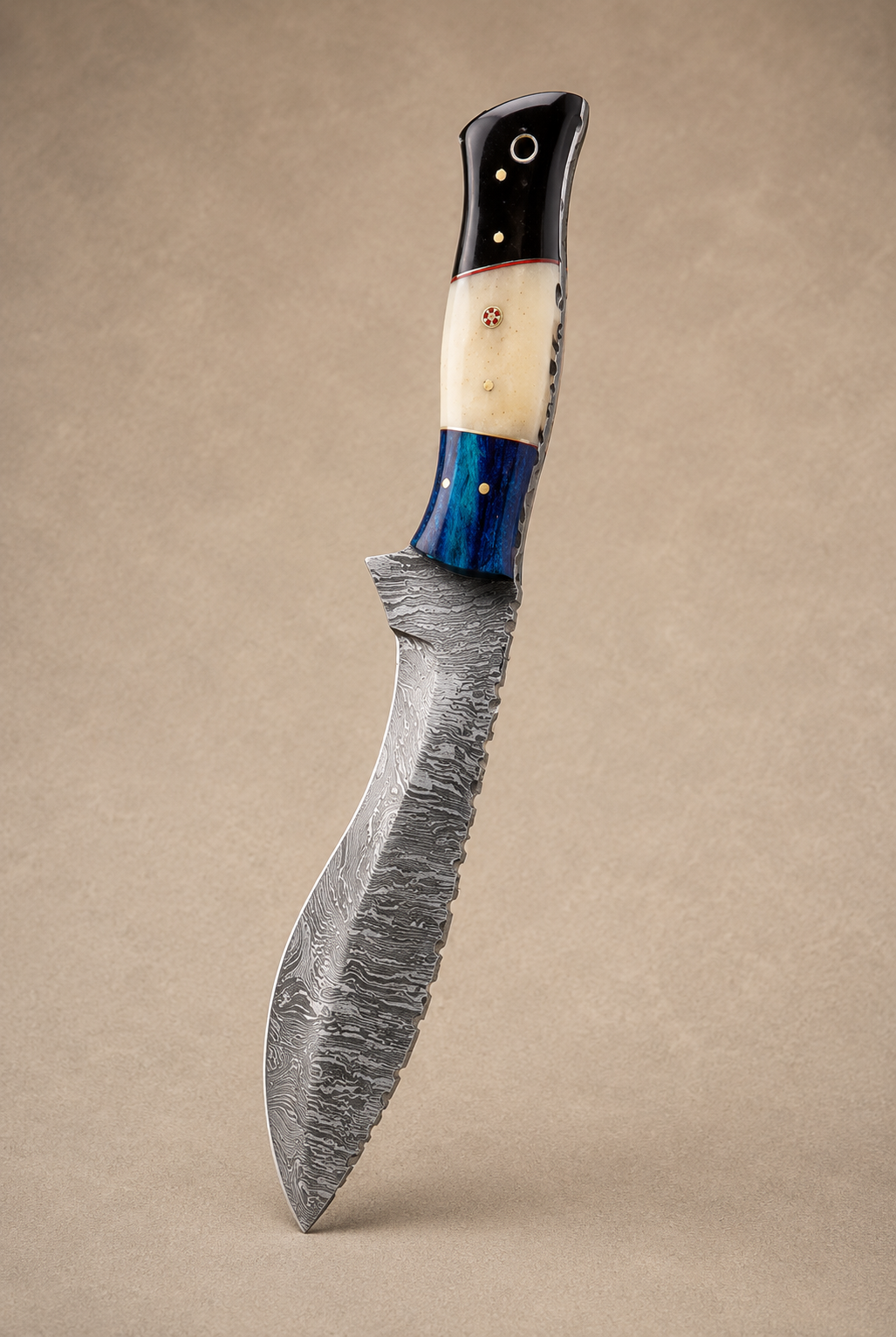 Mountain Forge Damascus Kukri Knife – 512 Layer Hand Forged Blade with Bull Horn & Bone Handle & Leather Sheath
