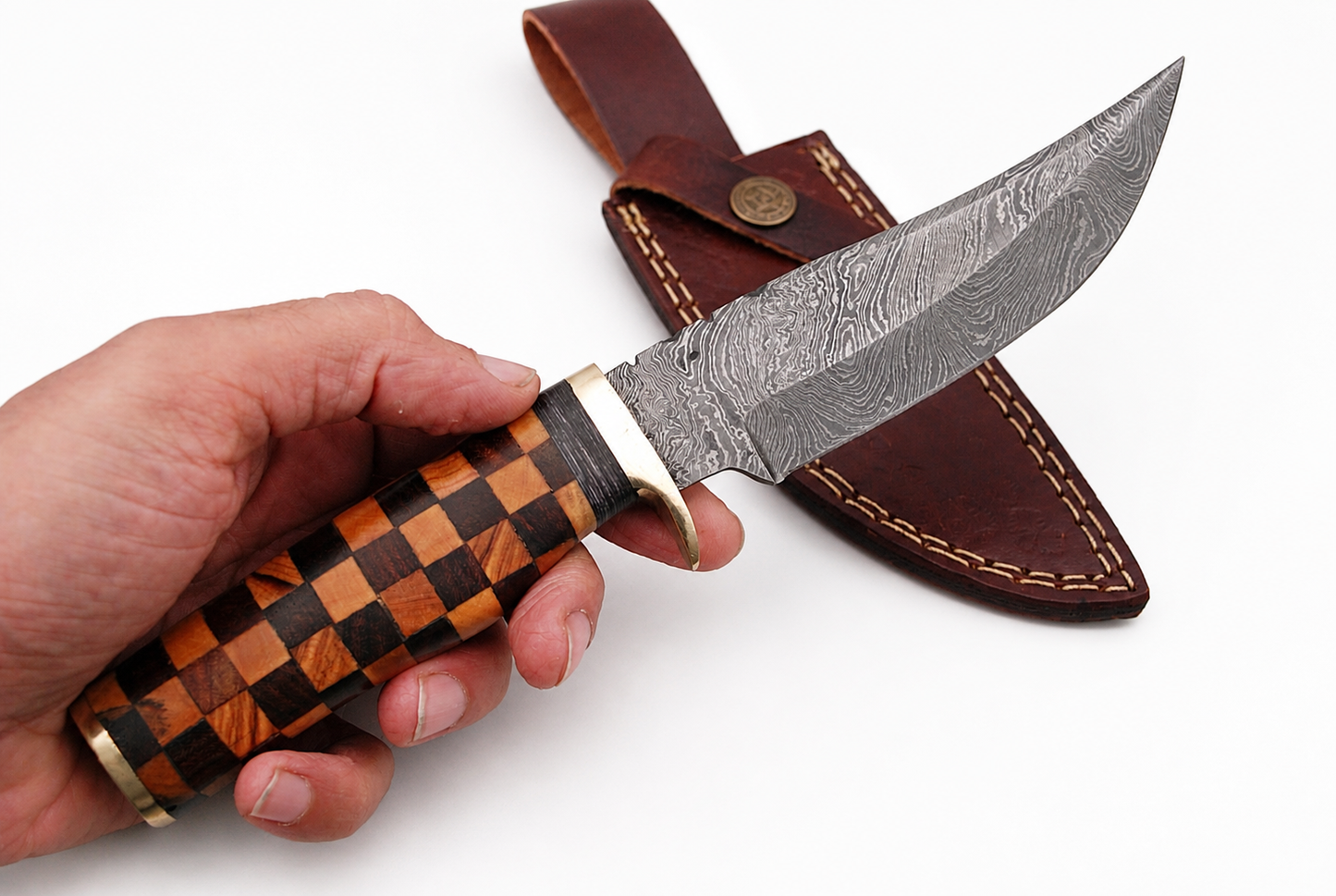 Hand Forged Damascus Steel Fixed Blade Knife – 9” Wood Handle with Brass Bolster (Full Tang)