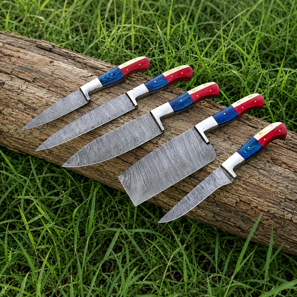 Hand Forged Damascus Steel Chef Knife Set – 5 Kitchen Knives with Wood Handles & Leather Sheath
