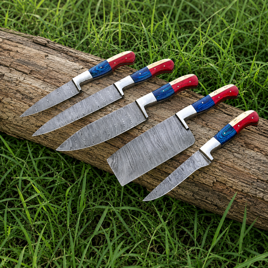 Hand Forged Damascus Steel Chef Knife Set – 5 Kitchen Knives with Wood Handles & Leather Sheath