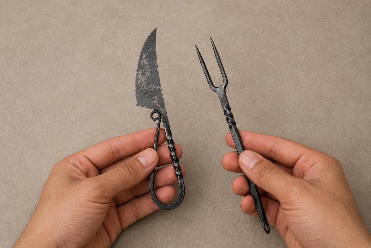 Hand Forged Medieval Damascus Utensil Set – Handmade Feasting Spoon Fork & Utility Set with Leather Pouch