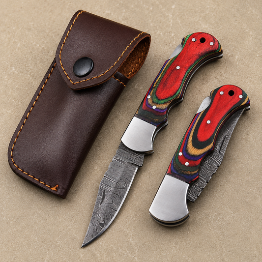 Classic Damascus Pocket Knife – Multi-Color Pakka Wood