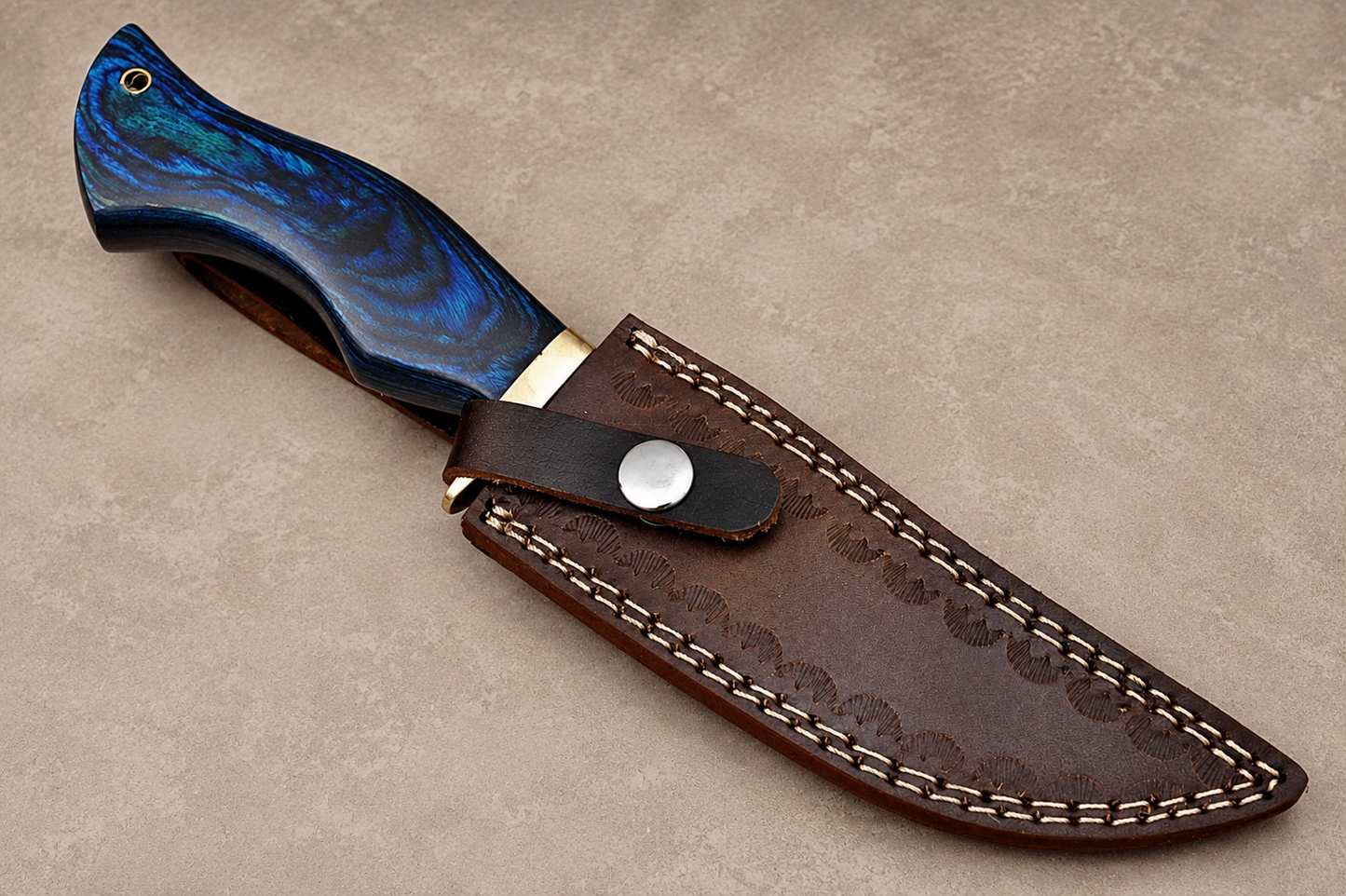 Timber Guard Damascus Steel Utility Knife – 512 Layer Hand Forged Blade with Stained Wood Handle, Brass Guard & Leather Sheath