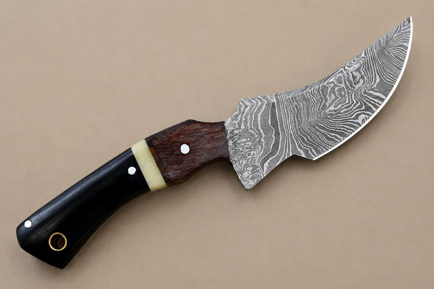 Hand Forged Damascus Steel Fixed Blade Utility Knife with Wood & Horn Handle