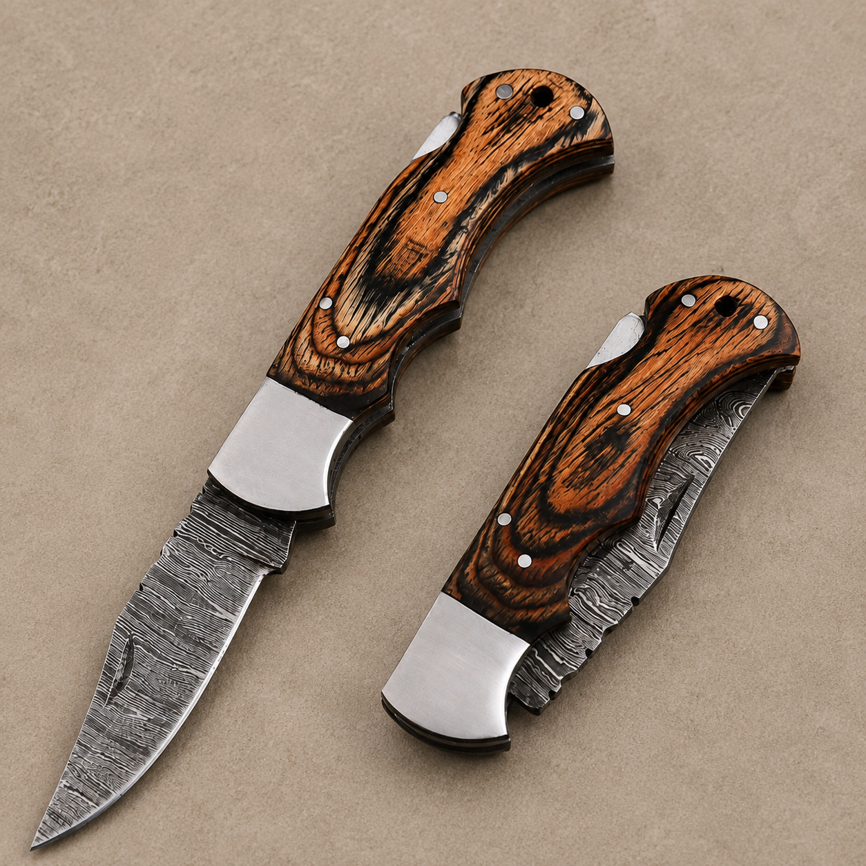 Artisan Damascus Steel Outdoor Folding Pocket Knife – Brown Pukka Wood Handle | Steel Bolster | Classic Back Lock