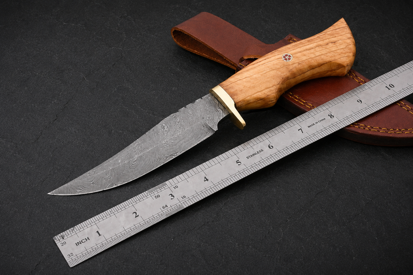 Timber Crown Damascus Steel Utility Knife – 512 Layer Hand Forged Fixed Blade with Wood Handle, Brass Guard & Leather Sheath